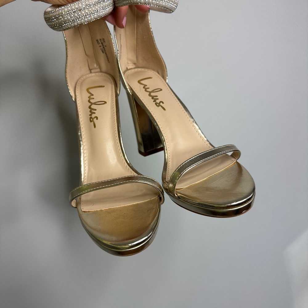 Lulus Cute Pearly Gold Metallic High Heels Block Heel - Picture 4 of 12